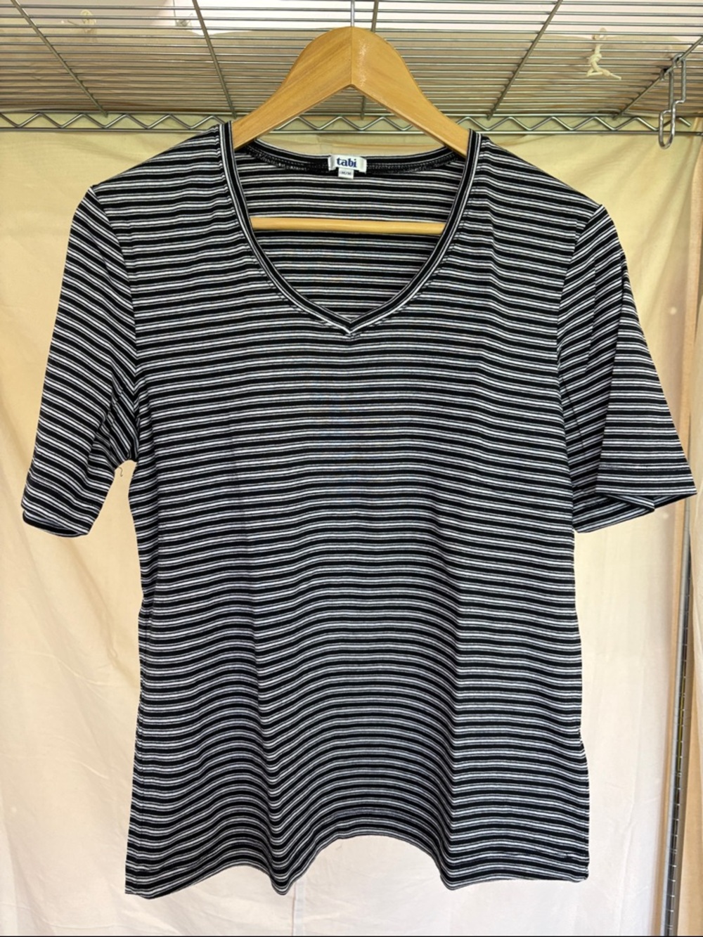 TABI Black & White Striped V-Neck Tee